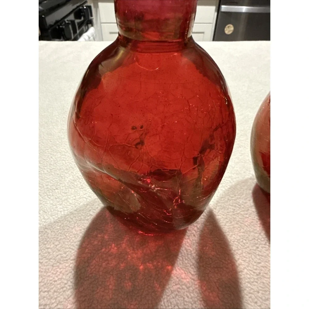 Vintage Blenko Red Rose Color Crackle Glass Pinched Decanter Mid Century‎